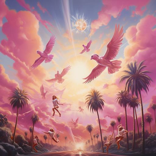 soccer team flying in pink sky, sun rays, palm trees, clouds. Wings, painting, surreal
