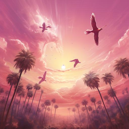 soccer team flying in pink sky, sun rays, palm trees, clouds. Wings, painting, surreal