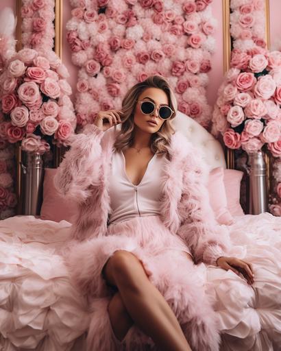 social media influencer, girl dressed in expensive clothes, big sunglasses, extravagant bedroom, exquisite detail, pink and white theme --ar 4:5 --v 5.2