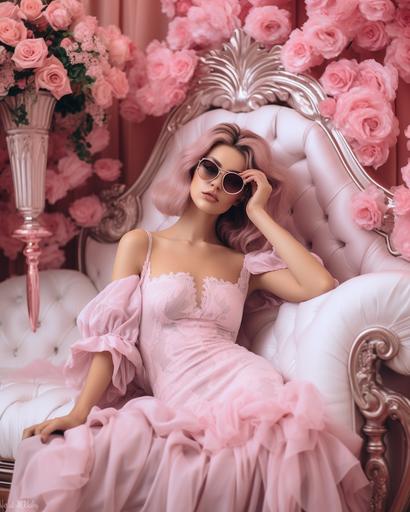 social media influencer, girl dressed in expensive clothes, big sunglasses, extravagant bedroom, exquisite detail, pink and white theme --ar 4:5 --v 5.2