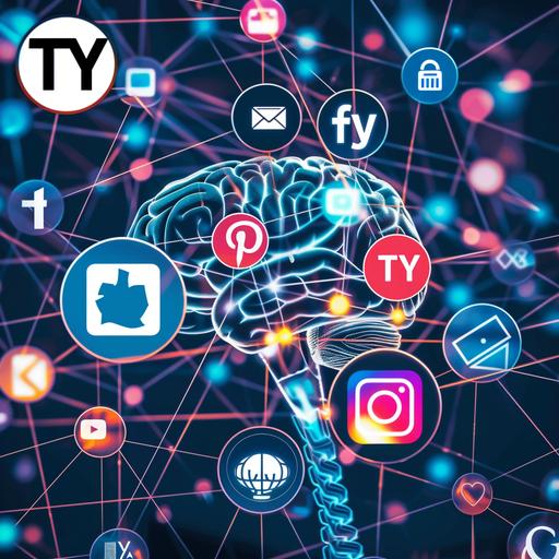 social media platforms logos running through a net of neurons from above to a super compter mind at the bottom of the picture, the logo on the supermind is 