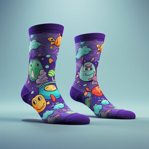 socks cartoon designs, purple, product image mockups, highly detailed, 8K