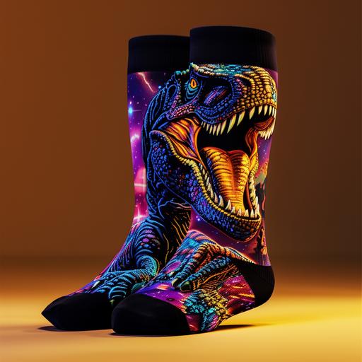 socks design, mock up, black socks, dinosaur, glowing colors, digital product, 8k