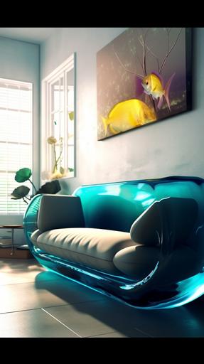 sofa shaped aquarium couch in ultramodern home, space squid colorful fish, home decor magazine photo --ar 9:16 --v 5 --q 2 --c 2