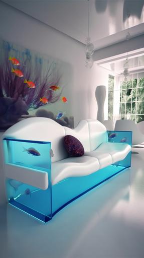 sofa shaped aquarium couch in ultramodern home, space squid colorful fish, home decor magazine photo --ar 9:16 --v 5 --q 2 --c 2