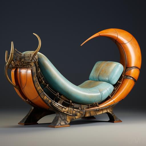 sofa with abstract form matching the pose of greek symposium lying down with arm raised, no human, sculptural ceramic timber leather metal materials