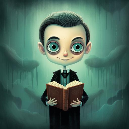 soft drawing happy child halloween costume dracula teal background muted colors big head small eyes children book illustration