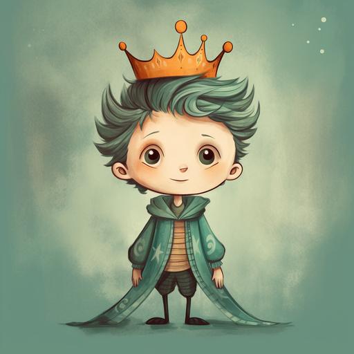 soft drawing happy child halloween prince costume teal background muted colors big head small eyes children book illustration
