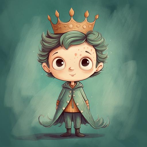 soft drawing happy child halloween prince costume teal background muted colors big head small eyes children book illustration