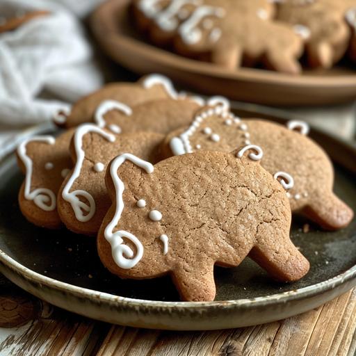 soft gingerbread cookies on a plate that are shaped like a cartoon pig side view sillouette