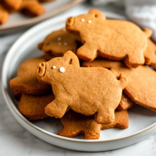 soft gingerbread cookies on a plate that are shaped like a cute cartoon pig sillouette