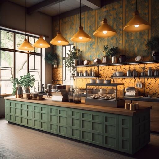 , soft green accents, floral pattern, green tile counter, boho lights