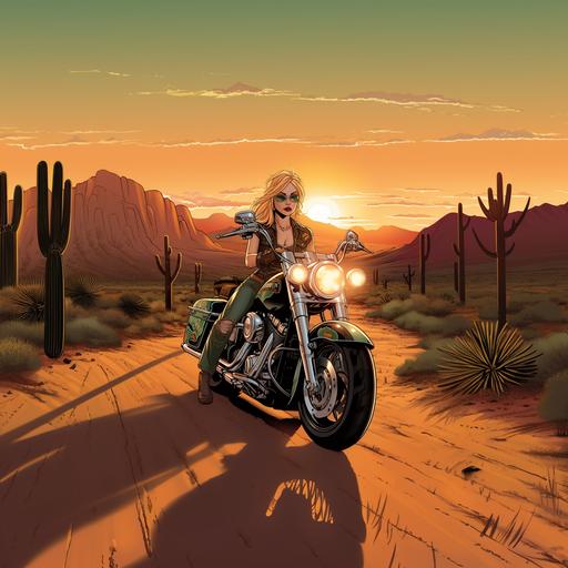 soft tail Harley Davidson 2005,animated,DC comic,marvel comic, blonde women with green eyes posing on side,Arizona sunset,logo