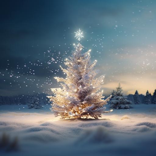 softly glittering Christmas tree in the middle of a snowy field, magical, shot on film, cinematic lighting, v 6.0