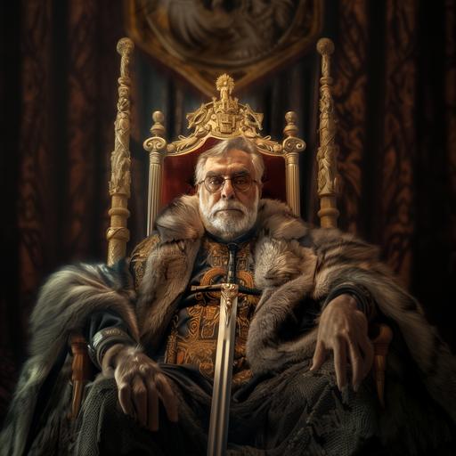 a bearded king sitting on a throne in costume with a sword, in the style of hyper-realistic animal illustrations, roman art and architecture, celebrity and pop culture references, junglecore, political commentary, photobashing, pseudo-historical fiction --v 6.0