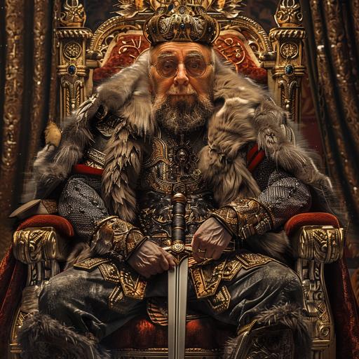 a bearded king sitting on a throne in costume with a sword, in the style of hyper-realistic animal illustrations, roman art and architecture, celebrity and pop culture references, junglecore, political commentary, photobashing, pseudo-historical fiction --v 6.0