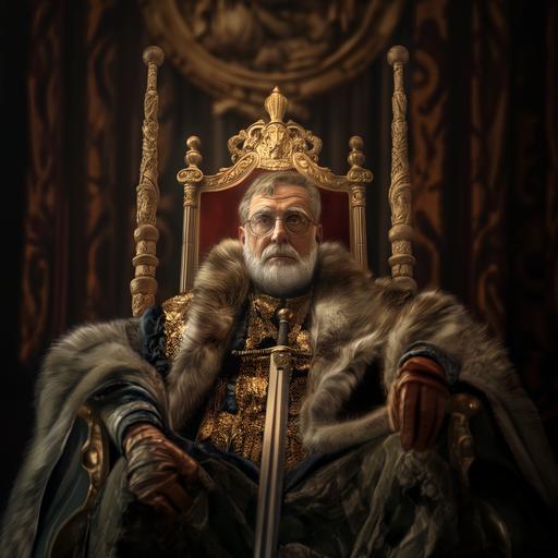 a bearded king sitting on a throne in costume with a sword, in the style of hyper-realistic animal illustrations, roman art and architecture, celebrity and pop culture references, junglecore, political commentary, photobashing, pseudo-historical fiction, red gloves --v 6.0