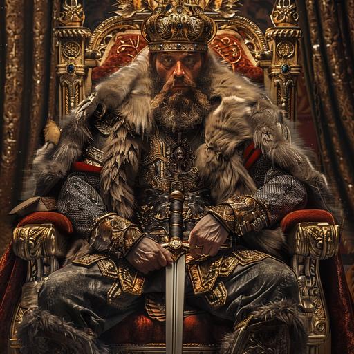 a bearded king sitting on a throne in costume with a sword, in the style of hyper-realistic animal illustrations, roman art and architecture, celebrity and pop culture references, junglecore, political commentary, photobashing, pseudo-historical fiction