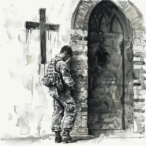soldier chaplain standing outside of a military church, he is sad and crying into his hand, his back is against the front door of the church, in the style of black and white grey and white brush watercolor