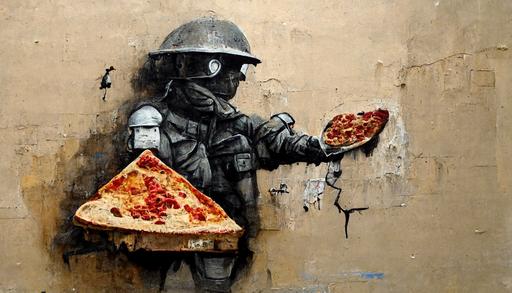 soldier in the helmet throwing a slice of pizza with salami by Banksy, graffiti on the wall, cracked on the wall --ar 16:9