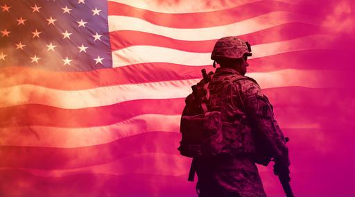soldier silhouette honoring the flag with silhouette of american flag, in the style of light orange and dark magenta, photo taken with provia, densely patterned imagery, 3840x2160, 1970–present, light green and red, strong emotional impact --ar 120:67