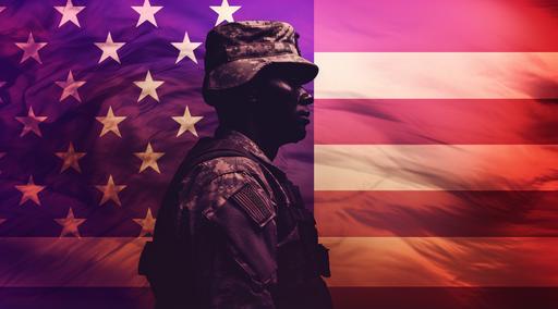 soldier silhouette honoring the flag with silhouette of american flag, in the style of light orange and dark magenta, photo taken with provia, densely patterned imagery, 3840x2160, 1970–present, light green and red, strong emotional impact --ar 120:67