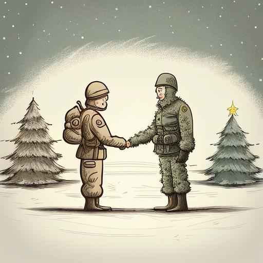 soldier standing each other, a christmas tree in the middle, ceasefire negotiation, winter, smiling, cartoon, shake hands with