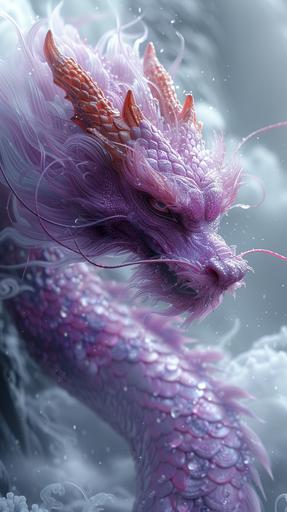 solid purple Chinese dragon, hovering, five claws, Chinese painting style, realism, C4D rendering, sky, clouds, surrounded by white mist --ar 9:16 --stylize 750 --v 6.0