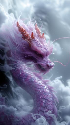 solid purple Chinese dragon, hovering, five claws, Chinese painting style, realism, C4D rendering, sky, clouds, surrounded by white mist --ar 9:16 --stylize 750 --v 6.0