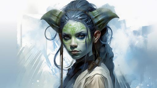 solid white background, watercolors, aeropaints, STAR WARS character concept art:: A young woman, woman with green skin, human alien woman with green colored skin, green skin alien human woman, diamond-shaped lime and indigo tatoos. Wearing traditional Jedi robes with green weaved patterns. Bright blue eyes exude calm, and her black and green hair is tied in a long braid. --ar 16:9 --v 5.2