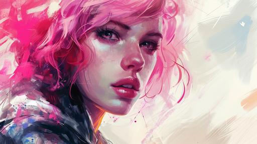 solid white background, watercolors, aeropaints, STAR WARS character concept art:: pink skin, violet skin, magenta skin, alien female with pink skin, A woman of astonishing beauty and body. human alien female with deep magenta pink skin, Deep magenta skintone, cyan wavy hair, highlights the intensity of her red eyes. Wearing a leather jacket that highlights her slim figure --ar 16:9 --v 6.0