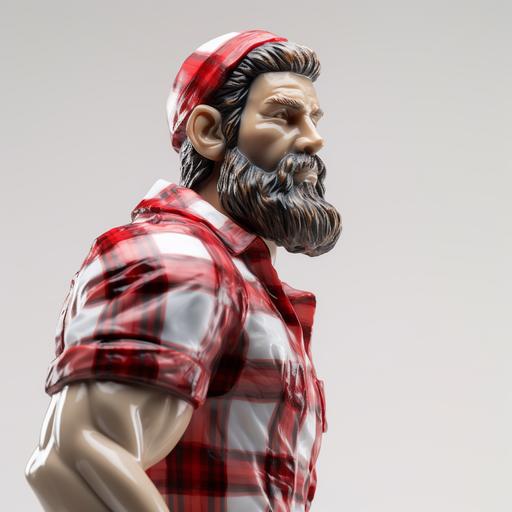 solid white marble maniqen of lumberjack male, axe resting over shoulder, eyes wide open, eye contact, direct eye contact with camera, masculine stature, traditional glass blown black and red checkered flannel shirt, intricate layers of blown glass, iridescent, white backdrop, closeup shot, centered, 8k, 3d render 026329166 --v 5.2 --style raw