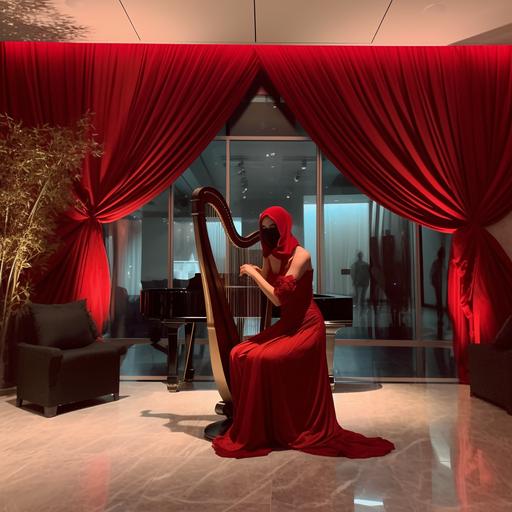 solo harp player in red podium platform wearing a dramatic red dress and masquerade mask welcoming guest in dubai palm lobby; dramatic red fabric velvet set up on the sides