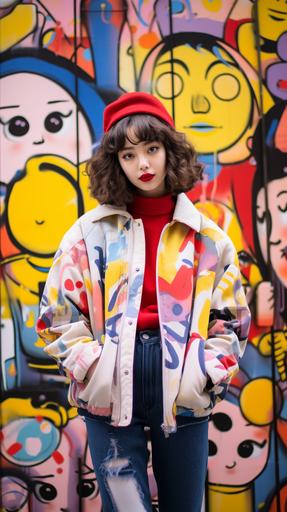 solo teen girl in quirky outfit in front of a mural in HARAJUKU Tokyo. --ar 9:16 --v 5.2 --style raw