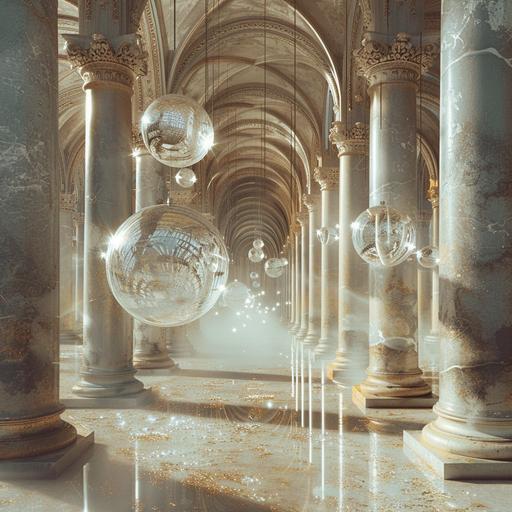 some crystal glass ceiling and balls floating between columns, in the style of jessica rossier, festive atmosphere, berndnaut smilde, shimmering metallics, marcin sobas, reimagined by industrial light and magic, orientalist landscapes