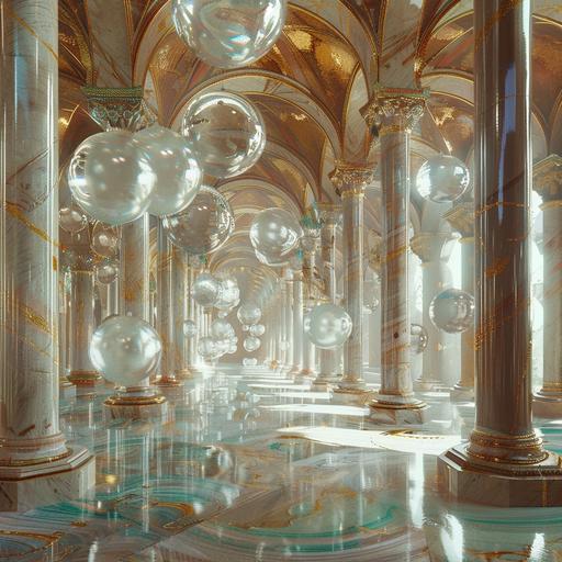 some crystal glass ceiling and balls floating between columns, in the style of jessica rossier, festive atmosphere, berndnaut smilde, shimmering metallics, marcin sobas, reimagined by industrial light and magic, orientalist landscapes