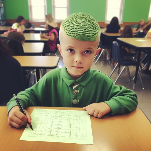 some stupid kid is cheating on my spelling test, millennial broccoli haircut, adire kerchief, elementary school background::1.4