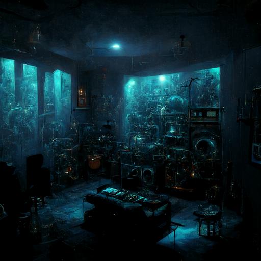 somebody's basement, artwork of the mentally disturbed, complex details, sound recording equipment, strange glowing elements, blues, 4k