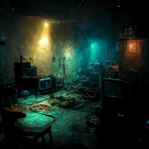 somebody's basement, artwork of the mentally disturbed, complex details, sound recording equipment, strange glowing elements, blues, 4k