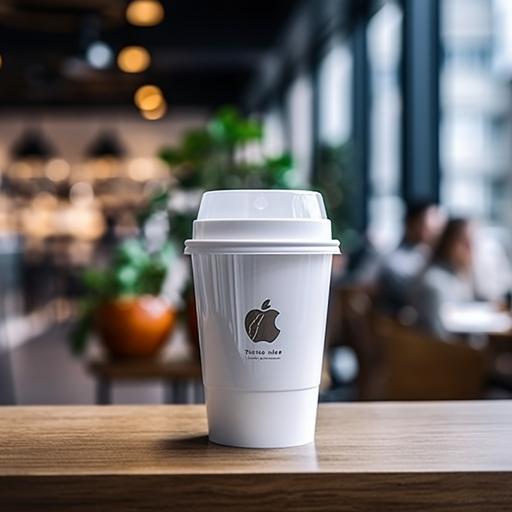 someone from japan drinking coffee and smiling at the same time, the cup has a big grey apple logo on it. Background white and modern coffeeshop