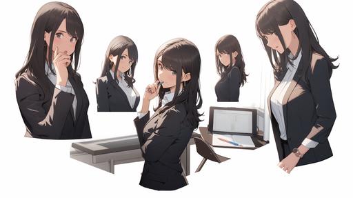 An office lady,suit without a tie, white long-sleeved shirt. different angles,character sheet,illustration, multiple poses and expressions --niji 5 --ar 16:9