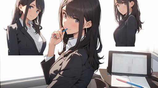 An office lady,suit without a tie, white long-sleeved shirt. different angles,character sheet,illustration, multiple poses and expressions --niji 5 --ar 16:9