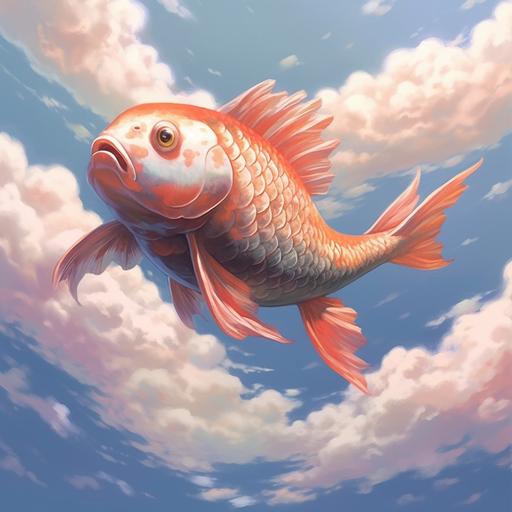 song cover for a song named “carp”. Make it be an artistic and elegant carp, big and flying through the sky
