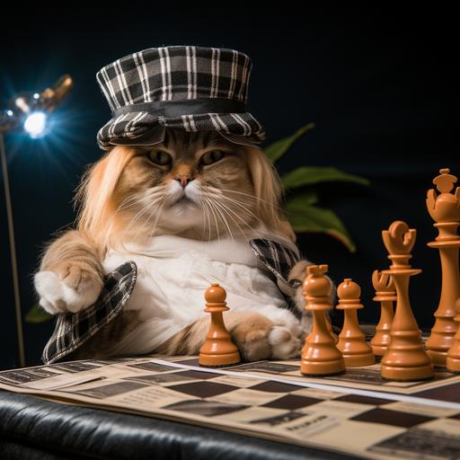Breaking News headline style image - A whimsical and uproarious scene where a charismatic local cat is declared the unlikely champion of a prestigious chess tournament. The cat is perched atop a chessboard, wearing oversized sunglasses, a top hat, and a fake mustache, exuding an air of both nonchalance and victory. The chess pieces are hilariously out of proportion, with the cat's pawn towering over a bewildered-looking human competitor. In the background, a crowd of spectators, including fellow cats and dogs, erupts into laughter and applause, holding up signs that say, 