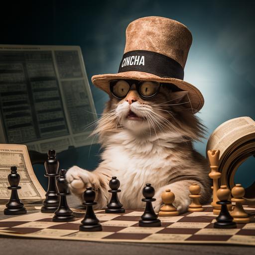 Breaking News headline style image - A whimsical and uproarious scene where a charismatic local cat is declared the unlikely champion of a prestigious chess tournament. The cat is perched atop a chessboard, wearing oversized sunglasses, a top hat, and a fake mustache, exuding an air of both nonchalance and victory. The chess pieces are hilariously out of proportion, with the cat's pawn towering over a bewildered-looking human competitor. In the background, a crowd of spectators, including fellow cats and dogs, erupts into laughter and applause, holding up signs that say, 