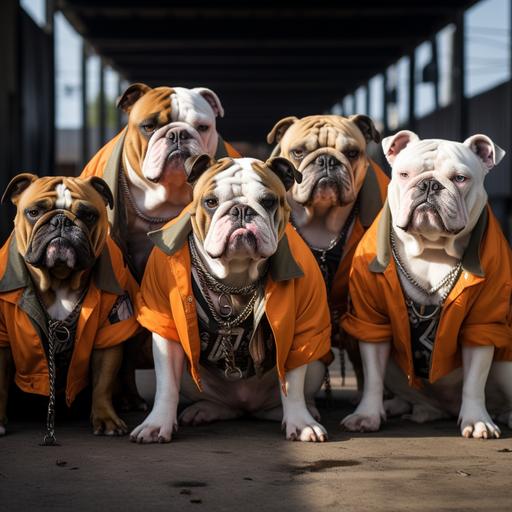 photo of funny bulldogs as a gang