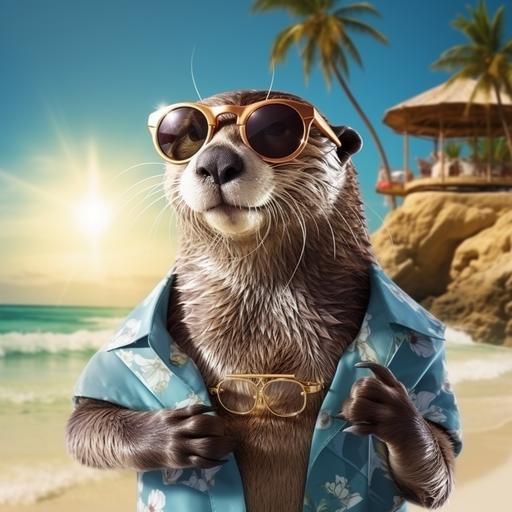 photorealistic very rich happy otter in modern clothes with expensive watch in sunglasses standing at the beach near ocean