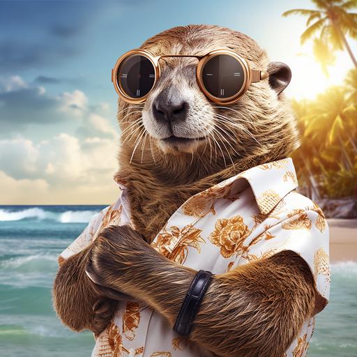 photorealistic very rich happy otter in modern clothes with expensive watch in sunglasses standing at the beach near ocean