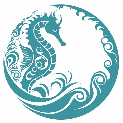 circle turquoise logo, 1 seahorse, polenisian tribal style, simple, waves arround the seahorse. --s 50 --niji 6 --style raw