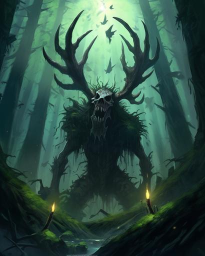 a Monster with Long arms and sharp claws, and a moose skull face, swinging from the tree branches in a dense jungle in an anime style --ar 4:5